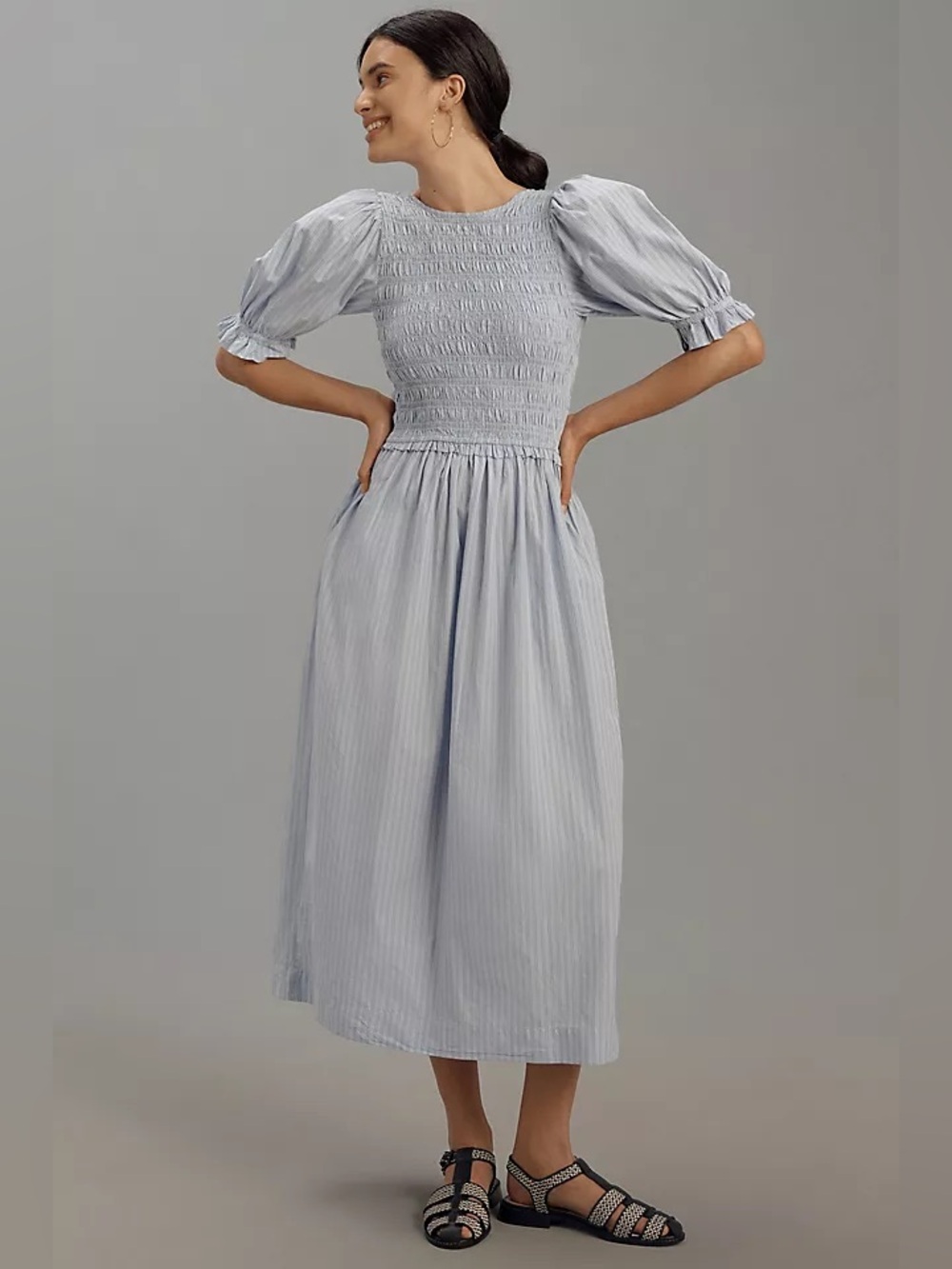 Damson Madder Bluebelle Midi Dress 2 Blue Stripe Bow Cottagecore Puff Romantic